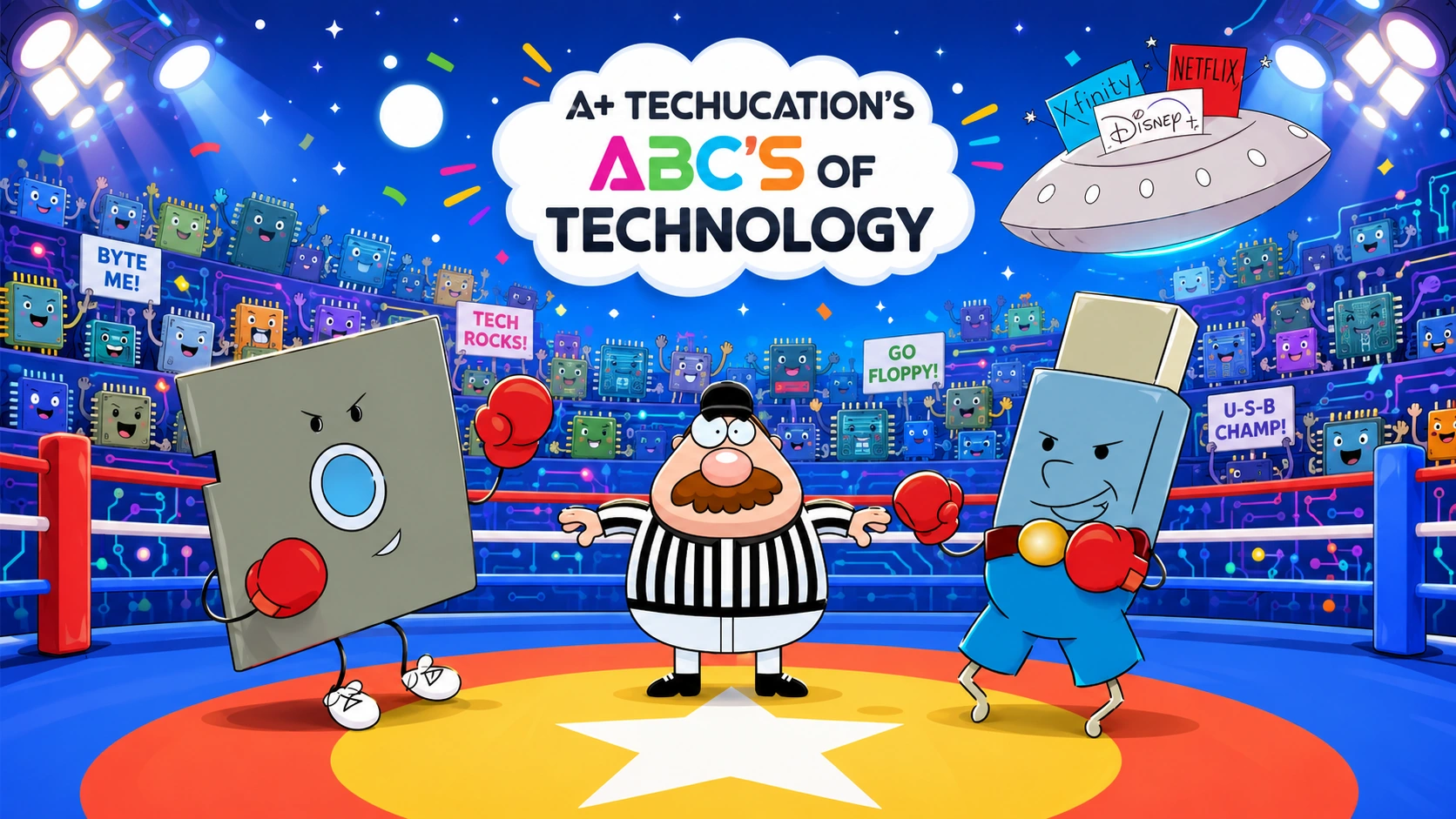 Colorful ABC of Technology arena with Floppy on the left, referee in the center, Flash Drive on the right and a cheering microchip audience